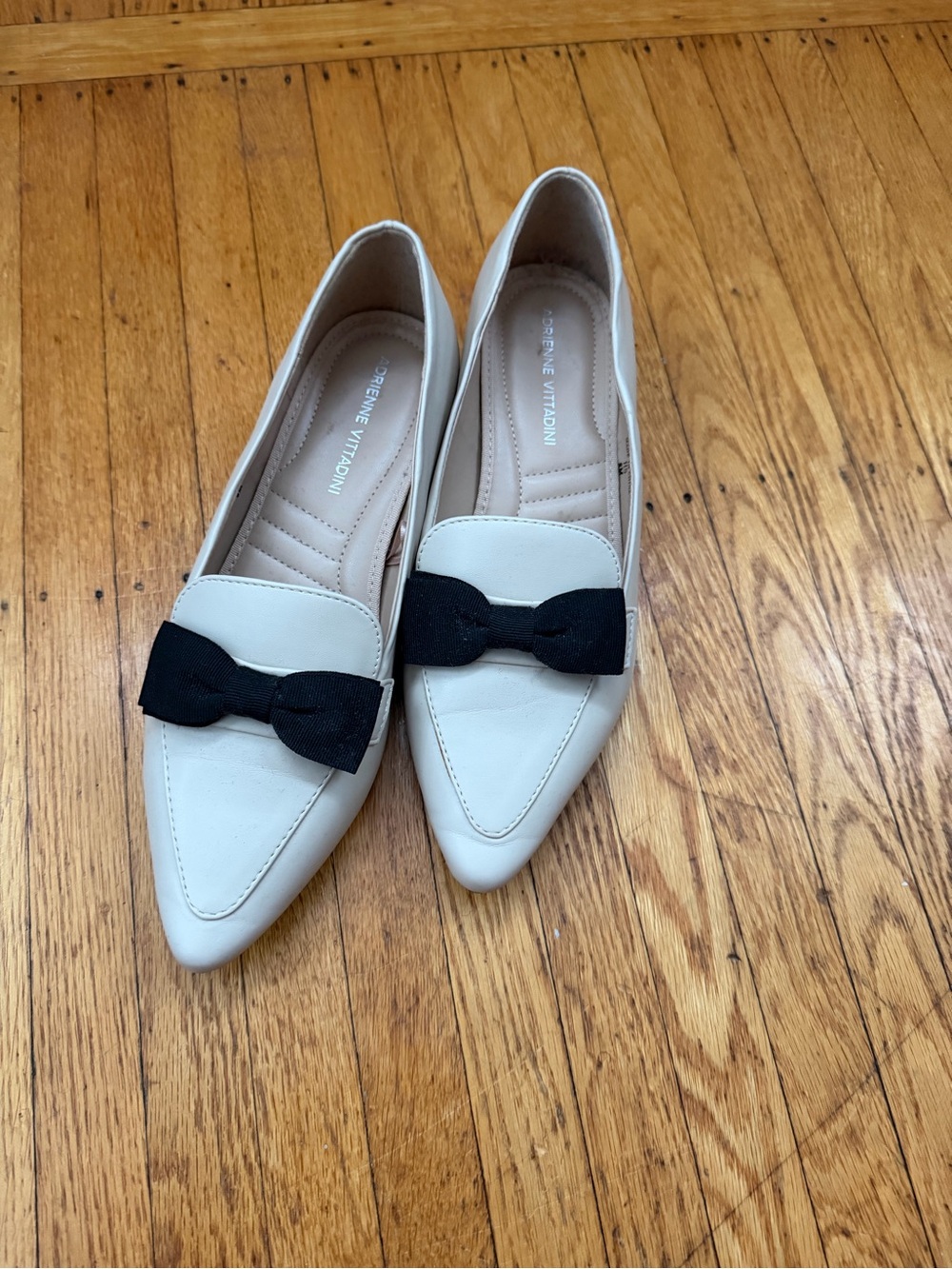 Adrienne Vittadini Cream Pointed-Toe Flats with Black Bow Accent